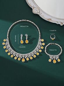 4 件中东风格首饰套装 - 项链、耳环、戒指、手链，镶嵌黄色锆石，婚礼新娘首饰套装 - 黃色 - 查看 3