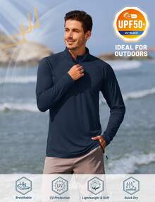 FASBUCO Men's Long Sleeve Athletic Shirts 1/4 Pullover Zip Sun Protection Rash Guard UPF 50+ Outdoor Running T-Shirts - Navy Blue - View 3