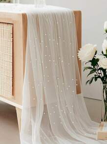 1Pc White Pearl Tulle Decorative Tablecloth,Boho Rustic Cheese Cloth Table Runner For Baby Shower Decoration Wedding Easter Summer Table Runner Baby Shower Family Decorations Gifts