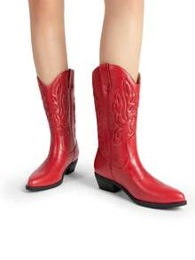 Women's Cowboy Boots Embroidery Stitching Pull-On  Almond Pointed Toe Chunky Heel Fashion Matching Dress Red Mid-Calf Boots - Đỏ - Xem 7