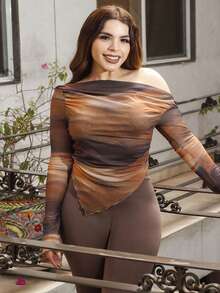 Lupita Cardoza Women's Asymmetric Neck Tie Dye Print Long Sleeve Fitted Fashion T-Shirt - Multicolor - View 7