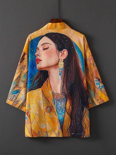 超大复古卡通人物印花前开式和服罩衫，女式加大码海滩度假泳衣罩衫，夏季轻便宽松外套