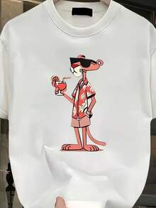 New Pink Panther Printed Shirt Casual Model 100% Cotton Short Sleeve Round Neck Shirt - trắng - Xem 2