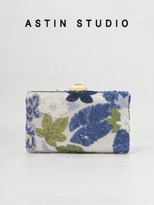 1pc Floral Sequin Decorated Clutch Bag, Elegant Party Purse, Romantic Blue Bridal Wedding Handbag, Luxury Shiny Evening Bag Suitable For Balls, Galas, Gifts With Detachable Chain - Blue - View 2