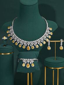 4 件中东风格首饰套装 - 项链、耳环、戒指、手链，镶嵌黄色锆石，婚礼新娘首饰套装 - 黃色 - 查看 1