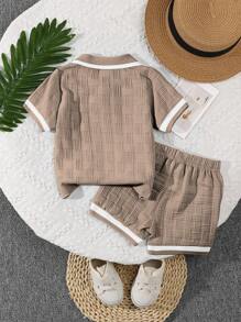 2pcs/Set Infant Boys' Summer Polo Collar Jacquard Solid Color Top And Shorts Casual Fashion Outfit