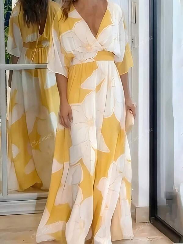 Vestido de verano casual y elegante con estampado floral, de cintura con cordón y espalda cruzada, adecuado para eventos, citas y jardín