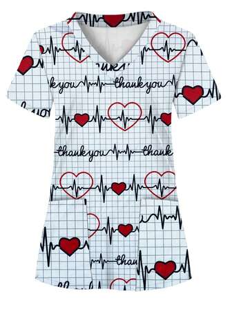 All-Over Print White ECG Pattern Women's Scrub Top With 2 Pockets, Comfortable T-Shirt For Healthcare Professionals - Soft, Breathable, Practical Uniform Suitable For Hospitals, Dental Clinics, Salons And Facilities, Nursing Scrub Top, Workwear