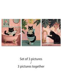 3幅可爱粉色猫咪帆布墙画 - 抽象树叶和水彩插画，适用于浴室、卧室和客厅，可选配画框 - 彩色 - 查看 15