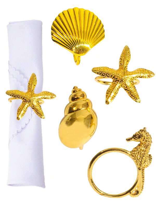 4pcs Seashell, Starfish, Seahorse Mixed Ocean Series Napkin Rings, Table Decor