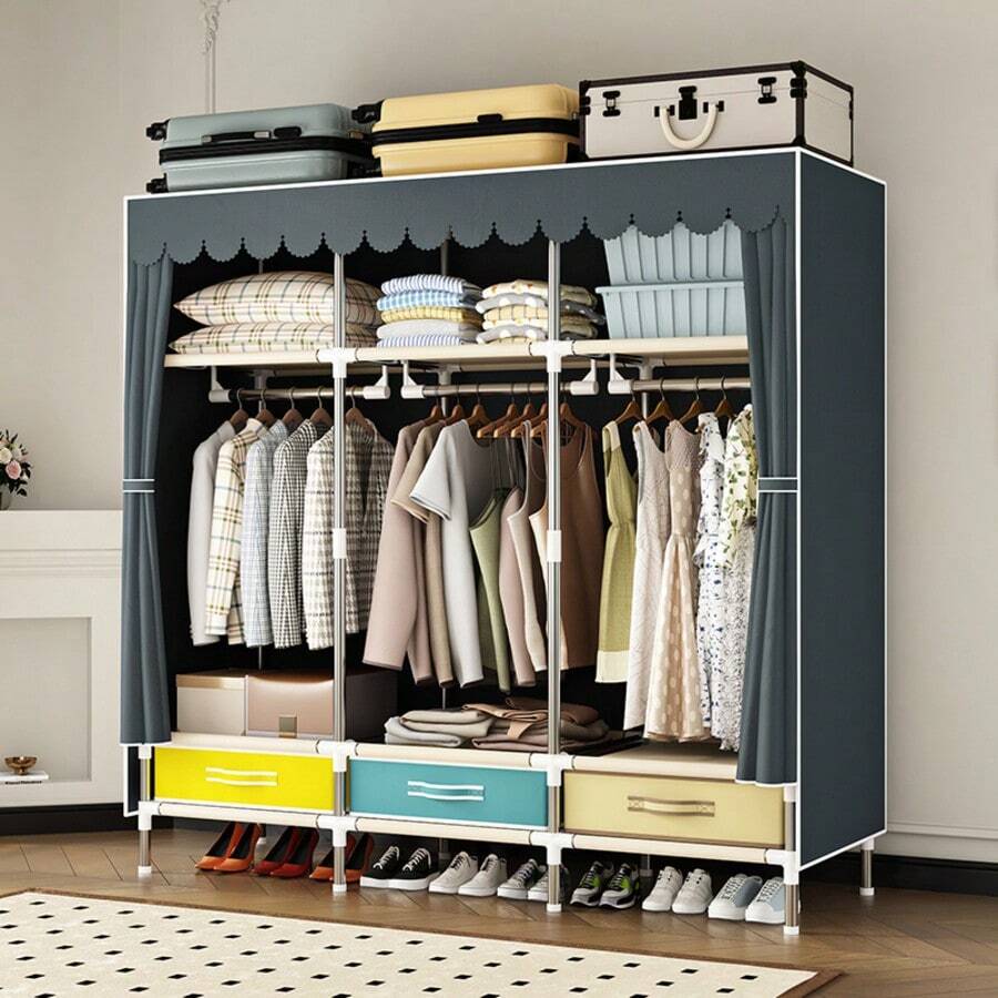 Solid Color Simple Wardrobe With Large Capacity, Drawer, Curtain Door, Sliding Track, Suitable For Bedroom, Rental House, Sturdy , Easy To Assemble