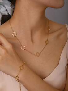 TONSI 1pc Fashion 18K Gold Plated Stainless Steel Elegant Four Leaf Clover Bracelet Necklace, Hypoallergenic Jewelry Suitable For Women, Gift Box