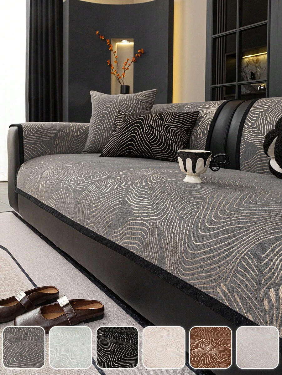 1 件雪尼尔提花沙发垫，现代奢华高端宠物友好型防尘沙发座椅保护套，适用于卧室、客厅、户外沙发，四季皆宜 - 深灰色 - 查看 1