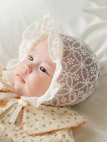 1pc Baby Girl Lace Brim Embroidered Palace Style Lace Fetal Cap, Newborn Hat, Spring/Summer, 0-3 Months, Princess Style Fishing Hat - Apricot - View 2