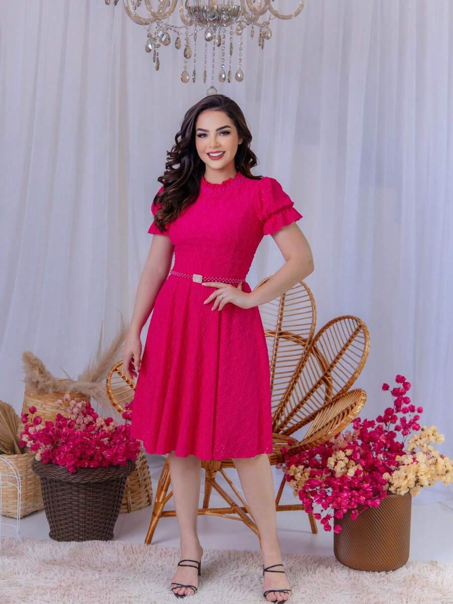 Women's Midi Dress With Belt Romantic Luxury Lese Cotton High Neck Elegant Modest Beautiful Party Wedding Zipper Buttons - 玫紅色 - 查看 1
