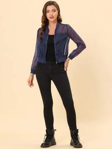 Women's Mesh Sheer Jacket See Through Long Sleeve Zip Up Bomber Jacket - Blue - View 4