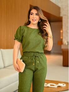 Women's Scrub Set Hospital Lab Coat 2 Pieces Casual Elegant Pleated Blouse Linen Pants With Delicate Detail On The Sleeve Colors Fashion Spring Summer 2025 Women's Clothing - 軍綠色/袖子 - 查看 5