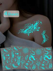 4 Hojas de pegatinas de tatuajes luminosos de plumas azules y serpientes para mujeres y niñas, diseño blanco de pulsera y collar falso tatuajes para la cara, el pecho, el brazo y los dedos, que brillan en la oscuridad, suministros de decoración y favores para bodas, discotecas y festivales musicales
