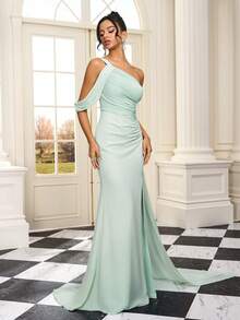 Green Sexy Off-Shoulder Evening Gown, Romantic Wedding Guest Bridesmaid Party High Slit Asymmetrical Dress - Mint Green - View 6
