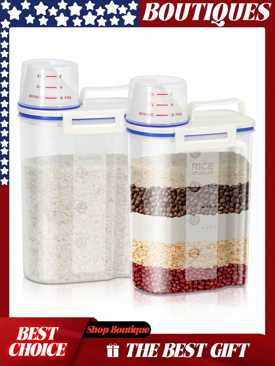 2 piezas Contenedores de almacenamiento para cereales, dispensador de arroz, contenedor de cereales, recipiente para arroz, contenedor de almacenamiento de harina, contenedor de harina, dispensador de recipiente de arroz, contenedor de almacenamiento de granos, contenedores de harina y azúcar, contenedores de almacenamiento de cereales, almacenamiento de arroz, contenedor de almacenamiento de arroz, contenedor de almacenamiento de alimento para perros, dispensador de cereales, contenedores de almacenamiento de alimento para mascotas, contenedor de alimento para perros, contenedor de alimento para mascotas, contenedor de almacenamiento hermético de alimento para perros, contenedor de almacenamiento de semillas para pájaros, contenedor de alimento para gatos, recipiente de alimento para perros, contenedor de almacenamiento de arroz, recipiente de almacenamiento de alimentos de la despensa de cocina de plástico con taza, pequeño contenedor de alimento para perros y gatos con dispensador - transparente - Ver 1