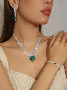 4pcs Green Crystal Leaf Design Jewelry Set For Women, Bridal Crystal Necklace, Bracelet And Earrings Set, Suitable For Weddings, Parties, Evening Dresses