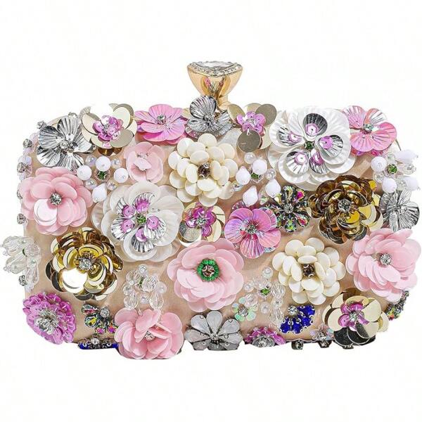 Sac de soirée fleuri pour femme, pochette brodée de perles, sac à main de soirée vintage en perles, sac à bandoulière élégant, idéal pour un usage quotidien, un banquet ou le shopping (rose/champagne)