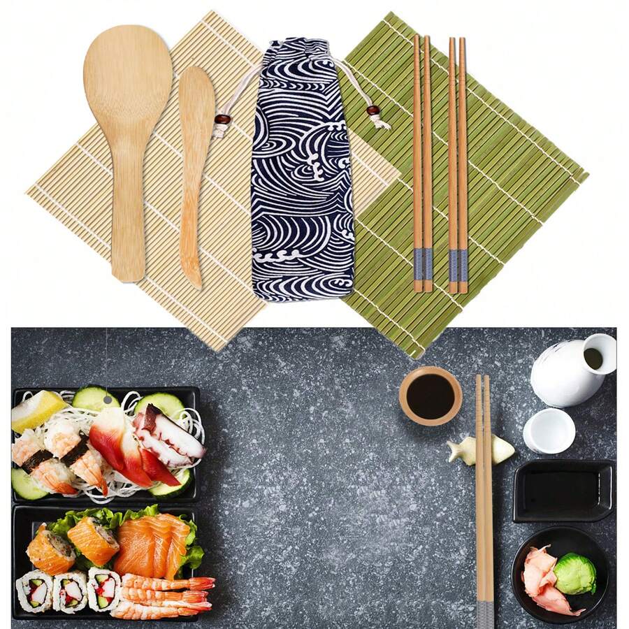 6 Pcs Sushi Making Kit, Sushi Roller Set, All In One Sushi Maker Kit, With Bamboo Rolling Mat, Chopsticks, Rice Paddle, For Beginners, Family, Friends, Home - Multicolor - View 1