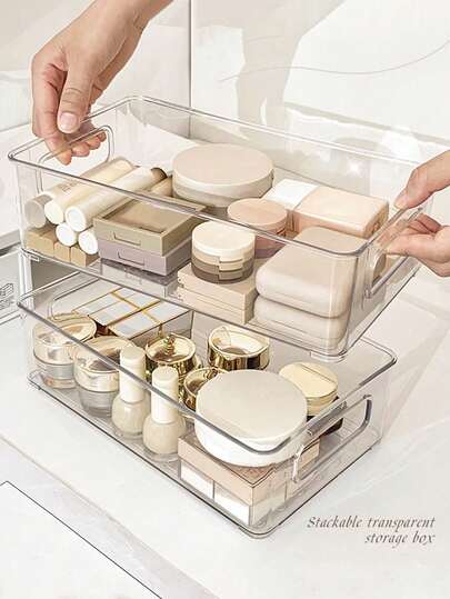 1/2/3件亚克力透明化妆品收纳盒，桌面可堆叠收纳盒，梳妆台收纳托盘，美容工具收纳展示架，适用于存放护肤品、文具、杂物、房间装饰、家居装饰，非常适合家庭收纳和整理，适用于女士礼盒、节日礼盒、情人节礼盒、情人节装饰、女友礼物。适用于假日海滩、浴室收藏、卧室收藏，容量大
