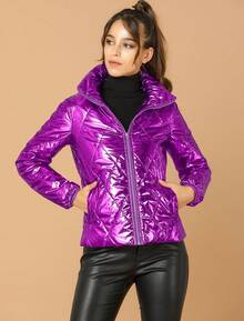 Women's Christmas Puffer Jacket Holographic Shiny Metallic Jacket - 紫色 - 查看 3