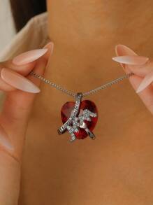 1 peça colar feminino com strass e pedras preciosas artificiais vermelhas, acessório de moda adequado para o Dia dos Namorados, encontros, reuniões e feriados
