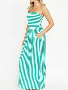 Tube Top Stripe Green Maxi Dress - 薄荷綠 - 查看 4