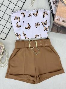 AMYLAN FASHION Neoprene Set Of Butterfly Crop Top With Padding + Shorts With Belt - 棕色 - 查看 1