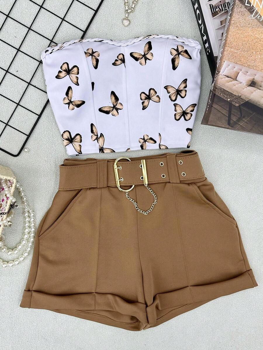 AMYLAN FASHION Neoprene Set Of Butterfly Crop Top With Padding + Shorts With Belt - 棕色 - 查看 1