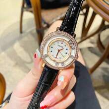 TIRENSE 1pc Elegant Rhinestone Leather Watch Waterproof Quartz Movement Fashionable Women's Watch