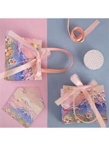 1 pieza Bolsa de regalo 3D con patrón romántico de nubes, montañas y flores, color rosa, para fiesta de cumpleaños, vacaciones, Acción de Gracias, embalaje de regalo de cumpleaños, bolso