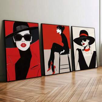 Set Of 1/3 Pcs Pop Urban Chic Fashion Woman Wall Arts Posters, Red And Black Minimalist Prints, Modern Bar, Office, Bathroom, Kitchen, Living Room, Bedroom, Home Decoration Unframed-Style ,Wall Art With Frame