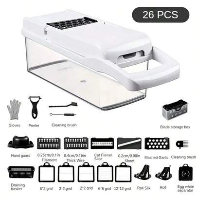 26-In-1 Multi-Function Vegetable Chopper, Food Processor, Vegetable Slicer, Spiral Shredder, Onion Chopper, Carrot Slicer, With Container, Kitchen Gadget, Household Essential, Kitchen Accessory, Smart Kitchen Assistant