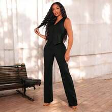 conjunto de pantalon y chaleco unicolor - Negro - Ver 2