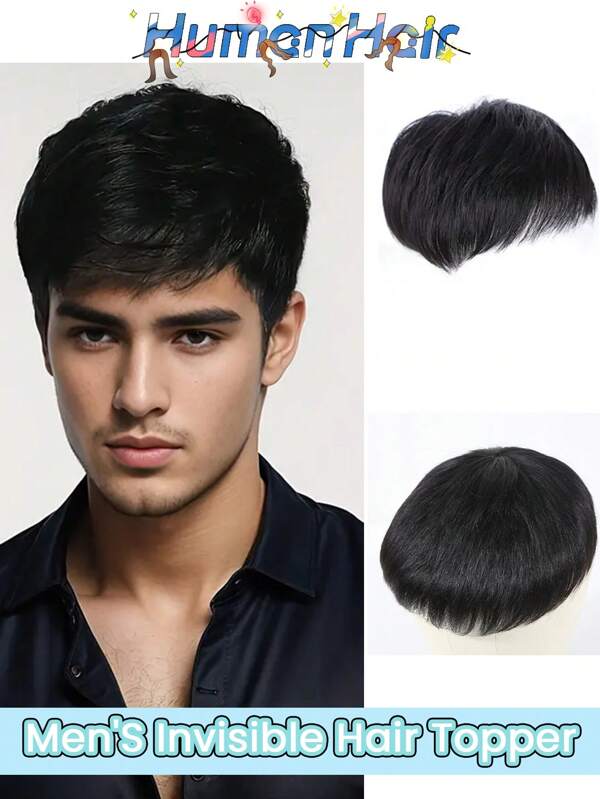 Men's Hair Topper Natural Black Short Straight Men Topper Hairpiece Hair Extensions Breathable Baldness Wig Hair Pieces