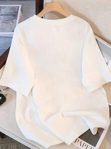 棉质白色英文印花短袖中长T恤，女式上衣，时尚图案印花 - 白色 - 查看 5