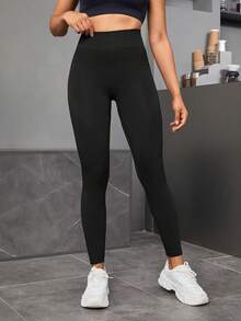 1 Stück Nahtlose elastische Damen Leggings mit hoher Taille, lang anliegend mit Bauchkontrolle, geeignet für Fitness, Laufen, Radfahren, Yoga, Sport und Lässig Bekleidung - Schwarz - Übersicht 6