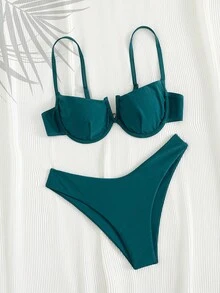 Nuovo set da bikini alla moda e sexy da donna con reggiseno con ferretto e tinta unita