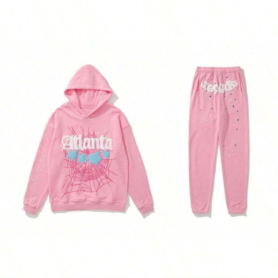 Hip Hop Spider Hoodies Set Y2k Hoodie Tracksuit Pullover Sweatshirt For Women Men Matching Hoodies Street Suit Two-Piece Set    Letter  Geometric  Spring/Fall  Regular Fit  Pocket  Drawstring - 粉色 - 查看 1