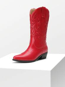 Women's Cowboy Boots Embroidery Stitching Pull-On  Almond Pointed Toe Chunky Heel Fashion Matching Dress Red Mid-Calf Boots - Đỏ - Xem 5