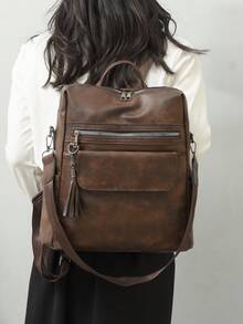 Fashionable Retro Style Women's Large Capacity Backpack, Suitable For Commuting, Travel, Shopping And Gifting. Two Random Fabric Options - Brown - View 4