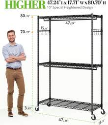 Heavy Duty Wire Garment Rack Clothes Rack With Shelves And Double Rods, Rolling Clothing Rack For Hanging Clothes, Portable Freestanding Closet Storage Shelves Rack With Wheels And Hooks - 97 X 56.8 X 190cm - View 11