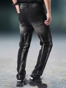 1pc Men's Slim Fit Black Straight Leg Distressed Jeans, Casual Street Wear Cargo Denim Pants, Suitable As Gift For Husband Or Boyfriend