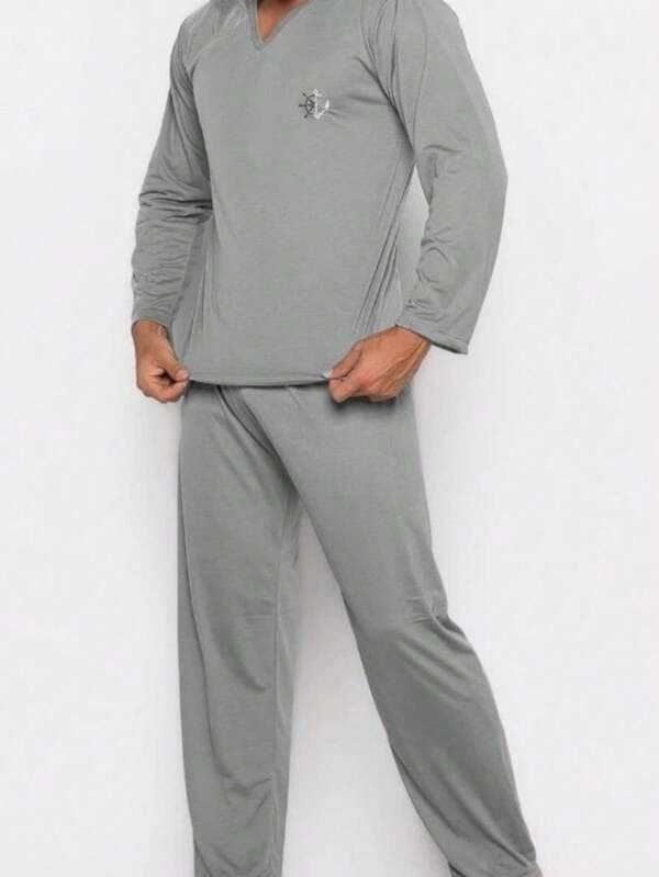 Pijama Masculino Manga Longa de Inverno com Calça Adulto em malha Lisa Premium