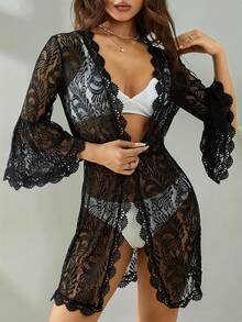 Women Bikini Cover Up, Solid Color Hip Length Long Sleeve Bikini Cover Up, V-Neck Floral Lace Loose Dress For Swimming Suits - 黑色 - 查看 2