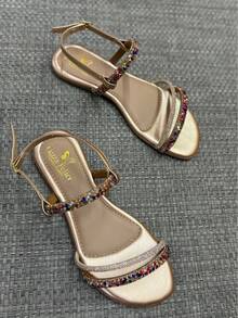 Women's Flat Flip Flops With Shiny Rhinestones And Golden Stones Comfortable And Stylish Flat Sandal - Vàng - Xem 3